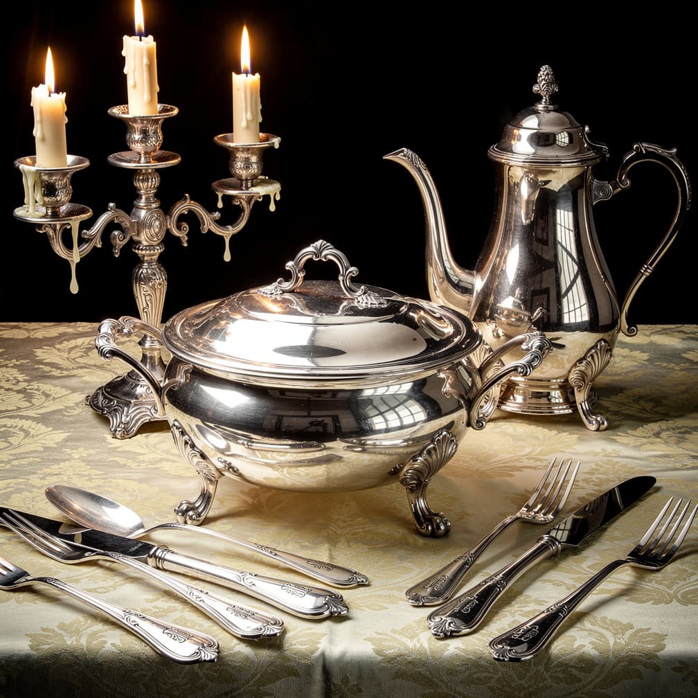 Argenterie ancienne et candélabre sur damas, ambiance bourgeoise lorraine