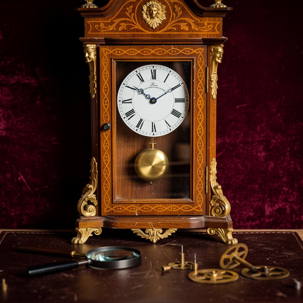 Pendule ancienne en marqueterie sur velours sombre