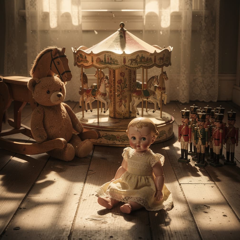Lot de jouets anciens, ours en peluche et soldats de plomb dans un intérieur ancien